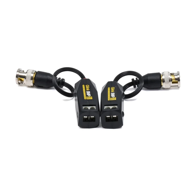 Video Balun HD 8MP (4K) con Pernos Glink GP-GBL-013: ¡Transmisión de Video Profesional y de Larga Distancia!, Par de video baluns pasivos de 8MP Glink GP-GBL-013, mostrando el conector BNC macho en un extremo y los terminales de conexión con pernos en el otro, producto para CCTV de HD Multimedia.