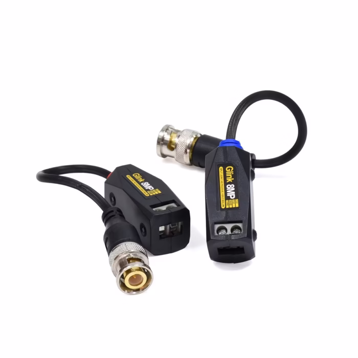 Video Balun HD MP K con Pernos Glink GP GBL  Transmisión de Video Profesional y de Larga Distancia Par de video baluns pasivos de MP Glink GP GBL  mostrando el conector BNC macho en un extremo y los terminales de conexión con pernos en el otro producto para CCTV de HD Multimedia