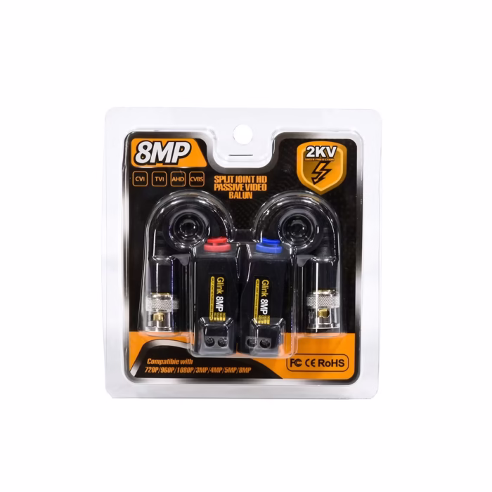 Video Balun HD MP K con Pernos Glink GP GBL  Transmisión de Video Profesional y de Larga Distancia Par de video baluns pasivos de MP Glink GP GBL  mostrando el conector BNC macho en un extremo y los terminales de conexión con pernos en el otro producto para CCTV de HD Multimedia