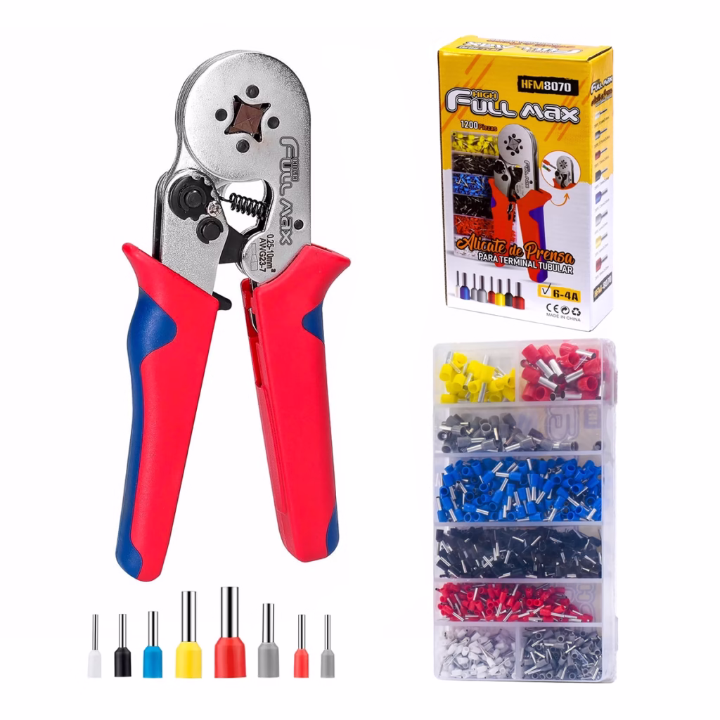 Alicate de Prensado para Terminal Tubular HSC High Full Max HFM  Lleva tus Conexiones Eléctricas al Nivel Profesional Kit completo de crimpado High Full Max HFM  mostrando el alicate de prensado de color negro y rojo junto al estuche organizador con los  terminales tubulares de colores producto de HD Multimedia PERU SAC