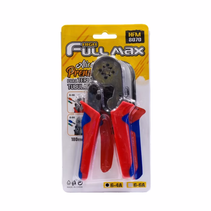 Alicate de Prensado para Terminal Tubular HSC High Full Max HFM  Lleva tus Conexiones Eléctricas al Nivel Profesional Kit completo de crimpado High Full Max HFM  mostrando el alicate de prensado de color negro y rojo junto al estuche organizador con los  terminales tubulares de colores producto de HD Multimedia PERU SAC