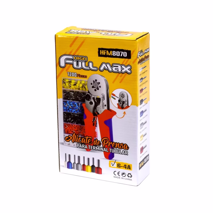 Alicate de Prensado para Terminal Tubular HSC High Full Max HFM  Lleva tus Conexiones Eléctricas al Nivel Profesional Kit completo de crimpado High Full Max HFM  mostrando el alicate de prensado de color negro y rojo junto al estuche organizador con los  terminales tubulares de colores producto de HD Multimedia PERU SAC