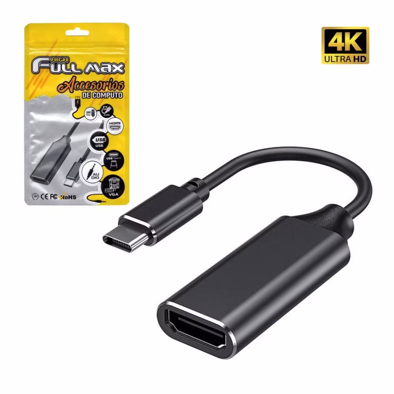 Cable Adaptador USB-C a HDMI 4K High Full Max ZZ-HFM-107: Proyecta tu Mundo Digital a lo Grande, Adaptador USB-C a HDMI High Full Max de color gris oscuro, mostrando el conector macho USB-C y el puerto hembra HDMI, un accesorio de conectividad de HD Multimedia PERU SAC.