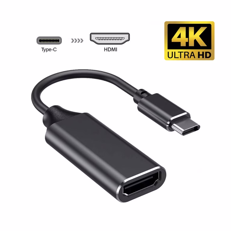 Cable Adaptador USB-C a HDMI 4K High Full Max ZZ-HFM-107: Proyecta tu Mundo Digital a lo Grande, Adaptador USB-C a HDMI High Full Max de color gris oscuro, mostrando el conector macho USB-C y el puerto hembra HDMI, un accesorio de conectividad de HD Multimedia PERU SAC.
