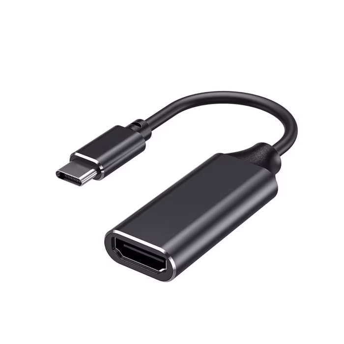 Cable Adaptador USB C a HDMI K High Full Max ZZ HFM  Proyecta tu Mundo Digital a lo Grande Adaptador USB C a HDMI High Full Max de color gris oscuro mostrando el conector macho USB C y el puerto hembra HDMI un accesorio de conectividad de HD Multimedia PERU SAC