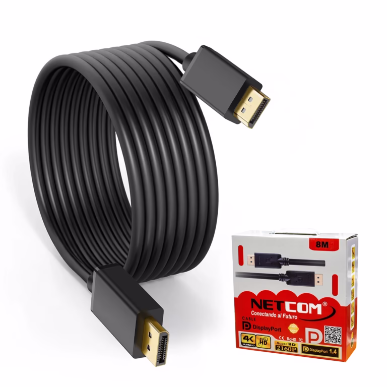 Cable DisplayPort de 8 Metros 4K@60Hz Netcom PE-DP0154/8M: Lleva tu Experiencia Visual 4K más Lejos, Cable DisplayPort de 8 metros de largo marca Netcom, color negro, mostrando sus conectores robustos para una conexión de video 4K, un producto de alta definición de HD Multimedia PERU SAC.