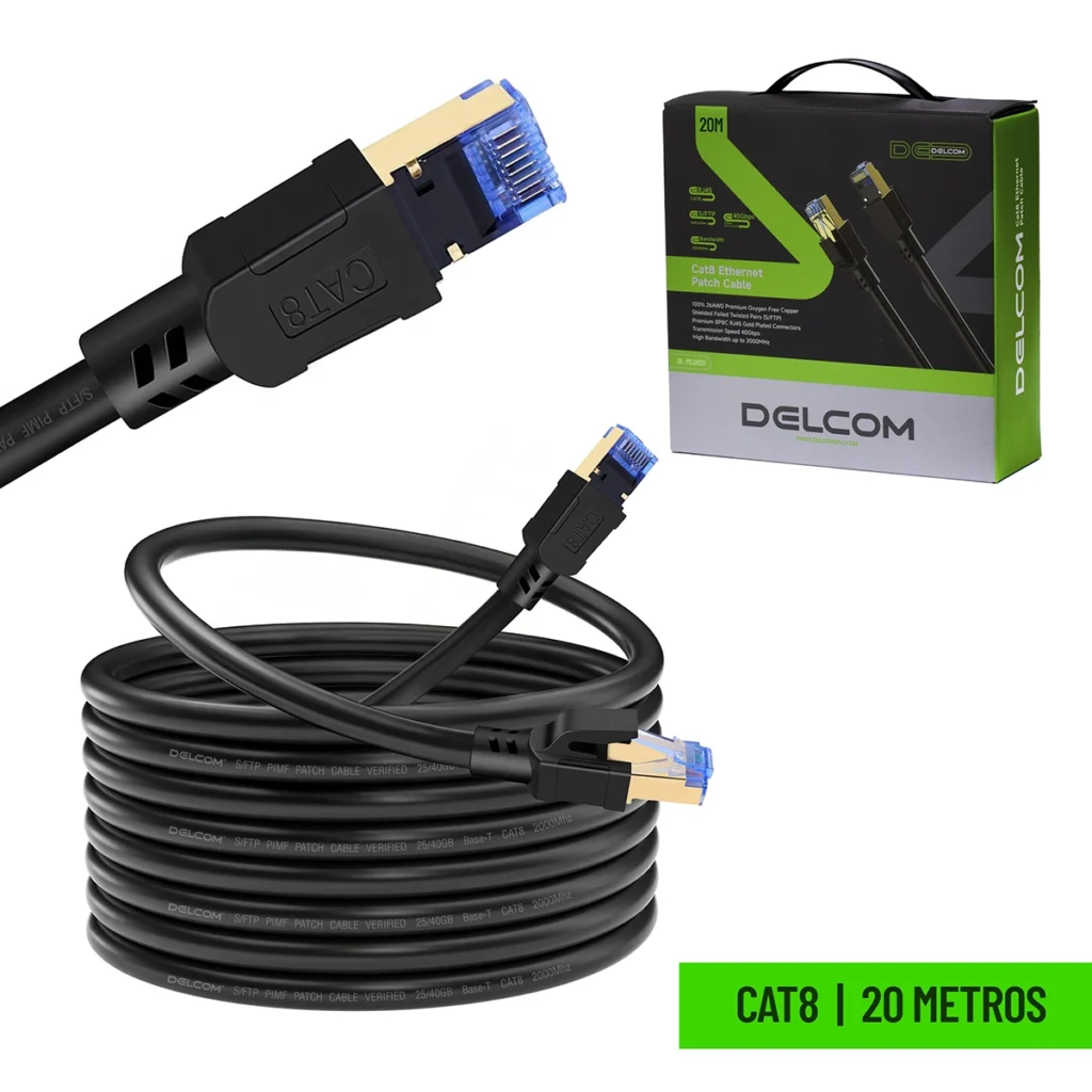 Cable Patch Cord Cat de  Metros SFTP Delcom DL ML Lleva tu Red a la Máxima Velocidad Cable de red Cat SFTP de  metros Delcom DL ML de color negro mostrando sus robustos conectores RJ blindados un producto de alto rendimiento de HD Multimedia PERU SAC