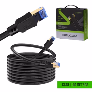 Cable Patch Cord Cat8 de 20 Metros SFTP Delcom DL-ML0820 Lleva tu Red a la Máxima Velocidad, Cable de red Cat8 S/FTP de 20 metros Delcom DL-ML0820 de color negro, mostrando sus robustos conectores RJ45 blindados, un producto de alto rendimiento de HD Multimedia PERU SAC.