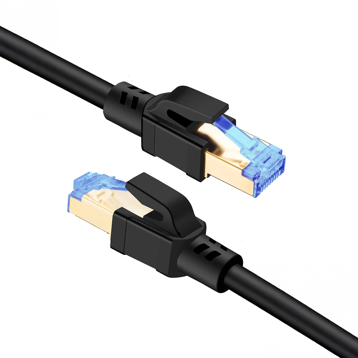 Cable Cat8 de 20 Metros SFTP Delcom DL-ML0820 Lleva tu Red a la Máxima Velocidad, Cable de red Cat8 S/FTP de 20 metros Delcom DL-ML0820 de color negro, mostrando sus robustos conectores RJ45 blindados, un producto de alto rendimiento de HD Multimedia PERU SAC.