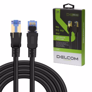 Cable Patch Cord Cat8 de 3 Metros Delcom DL-ML0803: Libera la Verdadera Velocidad de tu Red, Cable de red Cat8 S/FTP de 3 metros Delcom DL-ML0803 color negro, mostrando sus robustos conectores RJ45 blindados de alto rendimiento, producto de HD Multimedia PERU SAC.