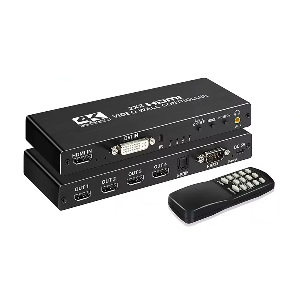 Controlador de Video Wall 2x2 4K 30Hz WALL2x2: ¡Crea Muros de Video Impactantes con 8 Modos!, Controlador de video wall 2x2 profesional WALL2x2 de metal negro, mostrando sus puertos de entrada HDMI y DVI, y sus cuatro puertos de salida HDMI para crear una imagen unificada, producto de HD Multimedia.
