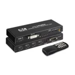 Controlador de Video Wall 2x2 4K 30Hz WALL2x2: ¡Crea Muros de Video Impactantes con 8 Modos!, Controlador de video wall 2x2 profesional WALL2x2 de metal negro, mostrando sus puertos de entrada HDMI y DVI, y sus cuatro puertos de salida HDMI para crear una imagen unificada, producto de HD Multimedia.