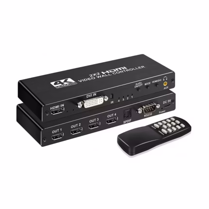 Controlador de Video Wall 2x2 4K 30Hz WALL2x2: ¡Crea Muros de Video Impactantes con 8 Modos!, Controlador de video wall 2x2 profesional WALL2x2 de metal negro, mostrando sus puertos de entrada HDMI y DVI, y sus cuatro puertos de salida HDMI para crear una imagen unificada, producto de HD Multimedia.