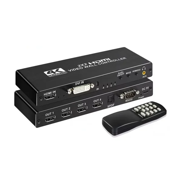 Controlador de Video Wall 2x2 4K 30Hz WALL2x2: ¡Crea Muros de Video Impactantes con 8 Modos!, Controlador de video wall 2x2 profesional WALL2x2 de metal negro, mostrando sus puertos de entrada HDMI y DVI, y sus cuatro puertos de salida HDMI para crear una imagen unificada, producto de HD Multimedia.