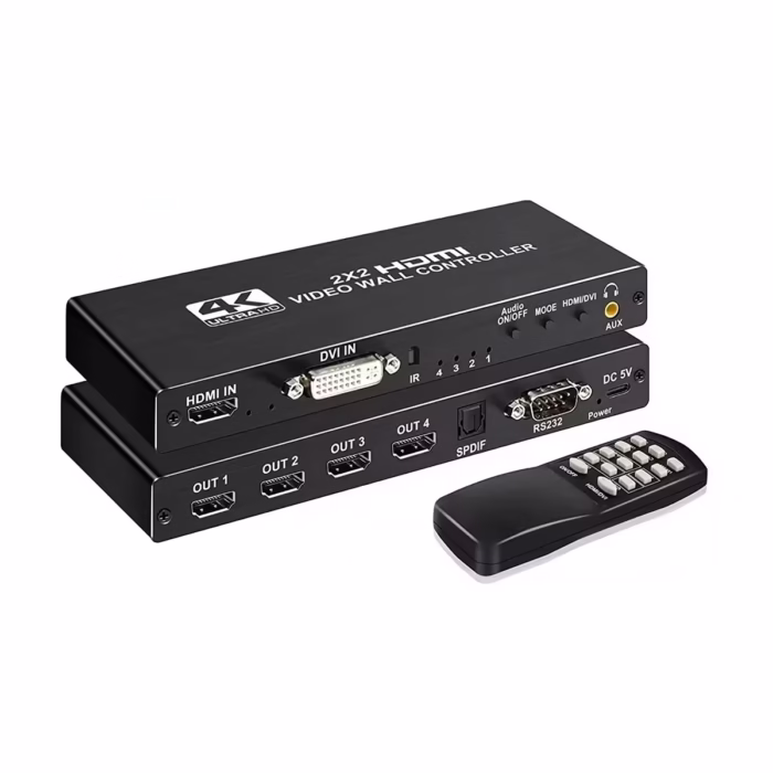 Controlador VideoWall 2x2 HDMI 4K 30Hz WALL2x2_____01 HD Multimedia PERU SAC Controlador de Video Wall x K Hz WALLx Crea Muros de Video Impactantes con Modos Controlador de video wall x profesional WALLx de metal negro mostrando sus puertos de entrada HDMI y DVI y sus cuatro puertos de salida HDMI para crear una imagen unificada producto de HD Multimedia