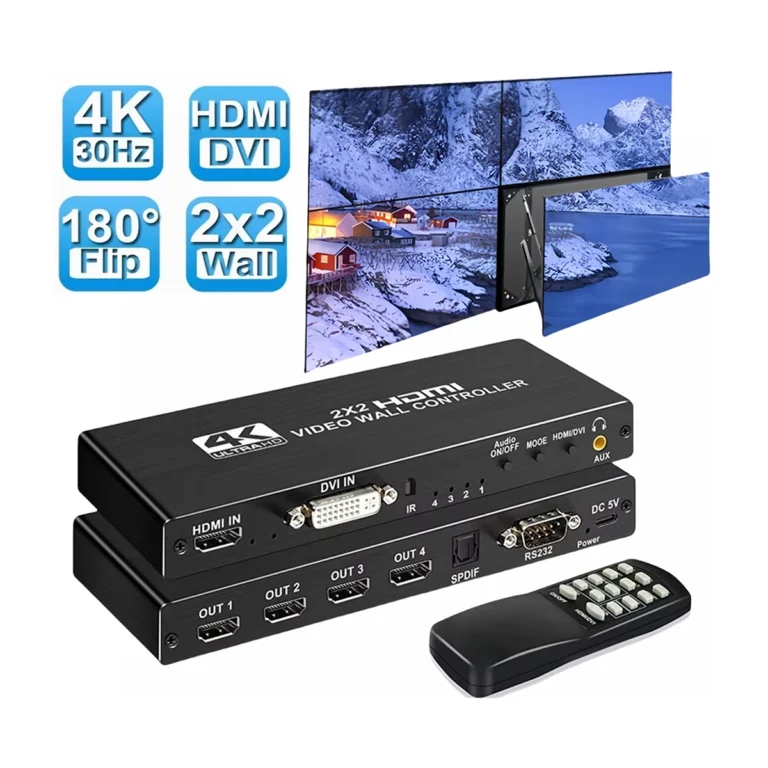 Controlador de Video Wall 2x2 4K 30Hz WALL2x2: ¡Crea Muros de Video Impactantes con 8 Modos!, Controlador de video wall 2x2 profesional WALL2x2 de metal negro, mostrando sus puertos de entrada HDMI y DVI, y sus cuatro puertos de salida HDMI para crear una imagen unificada, producto de HD Multimedia.