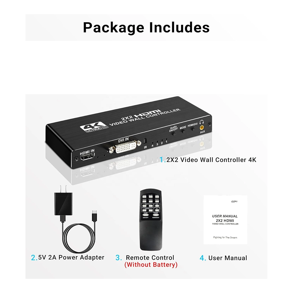 Controlador de Video Wall 2x2 4K 30Hz WALL2x2: ¡Crea Muros de Video Impactantes con 8 Modos!, Controlador de video wall 2x2 profesional WALL2x2 de metal negro, mostrando sus puertos de entrada HDMI y DVI, y sus cuatro puertos de salida HDMI para crear una imagen unificada, producto de HD Multimedia.