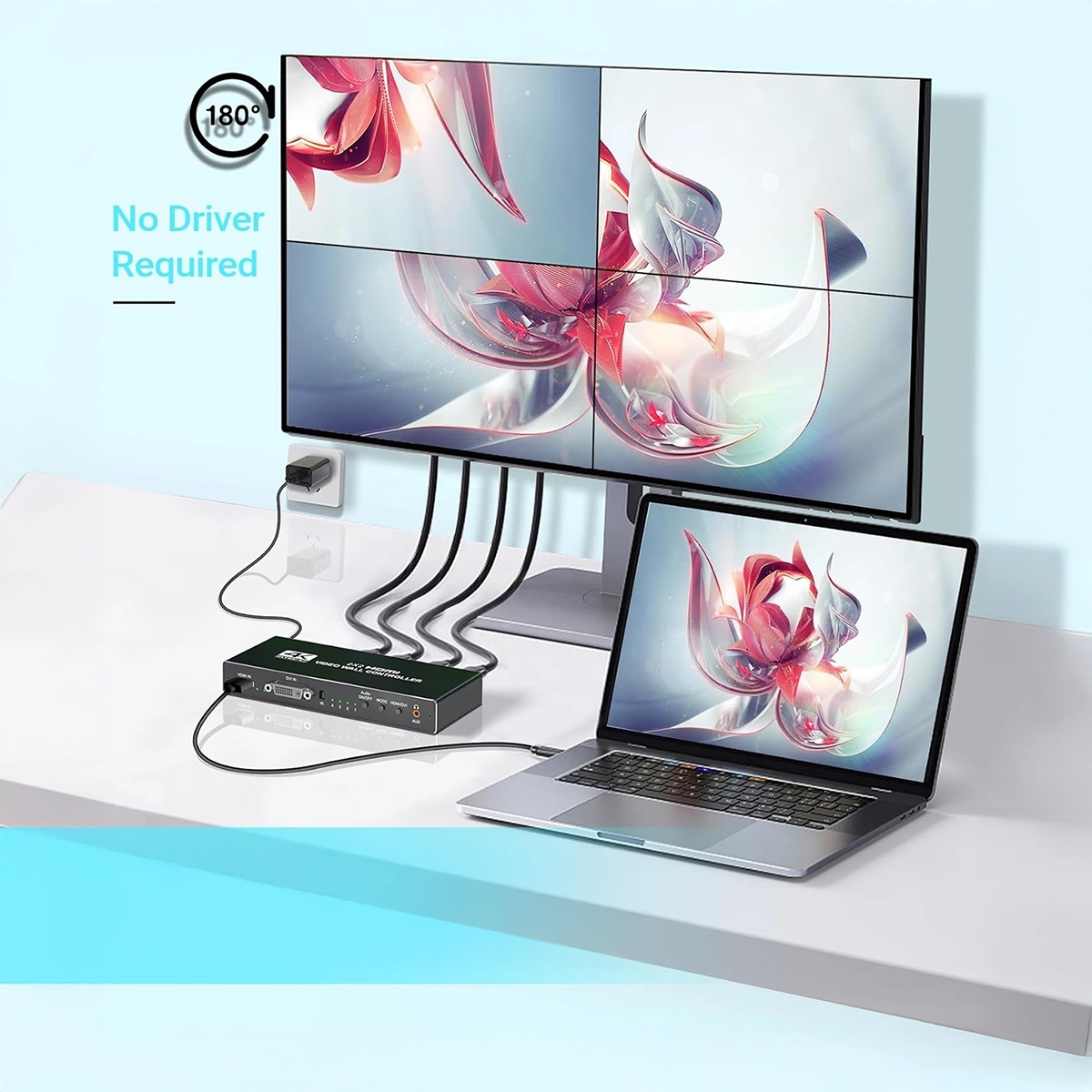 Controlador de Video Wall 2x2 4K 30Hz WALL2x2: ¡Crea Muros de Video Impactantes con 8 Modos!, Controlador de video wall 2x2 profesional WALL2x2 de metal negro, mostrando sus puertos de entrada HDMI y DVI, y sus cuatro puertos de salida HDMI para crear una imagen unificada, producto de HD Multimedia.