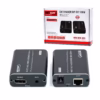 Extender DisplayPort  Metros por UTP  Kit extensor DisplayPort profesional Netcom PE ED mostrando las dos unidades de aluminio color gris oscuro transmisor y receptor con sus puertos y cables IR producto de HD Multimedia PERU SAC