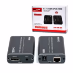 Extender DisplayPort 100 Metros por UTP , Kit extensor DisplayPort profesional Netcom PE-ED0100, mostrando las dos unidades de aluminio color gris oscuro (transmisor y receptor) con sus puertos y cables IR, producto de HD Multimedia PERU SAC.