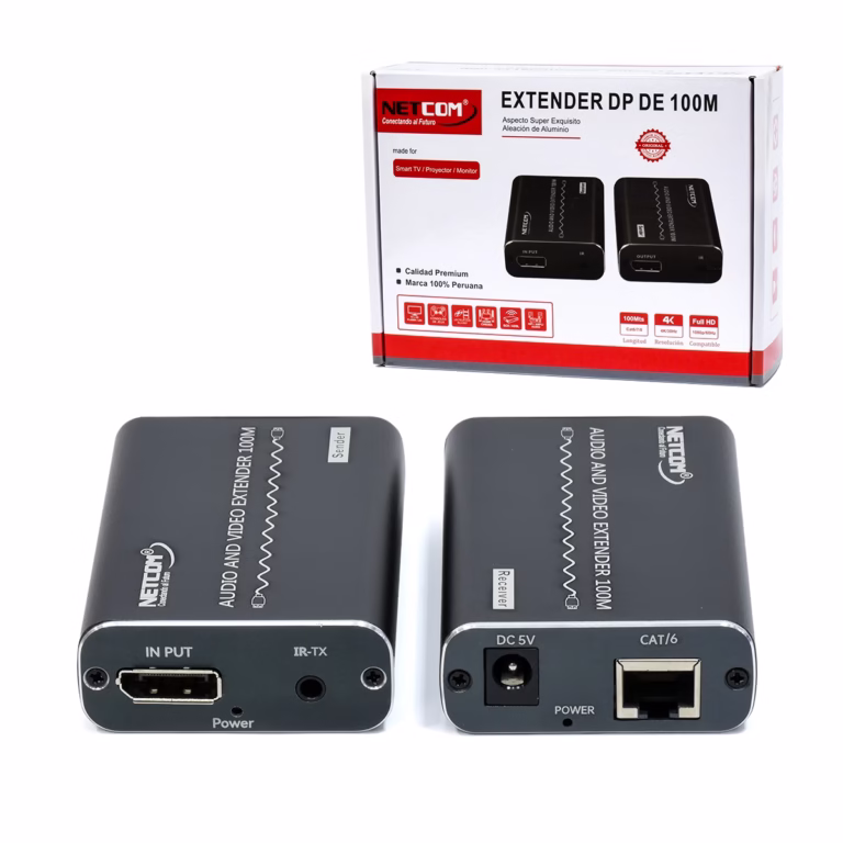 Extender DisplayPort 100 Metros por UTP , Kit extensor DisplayPort profesional Netcom PE-ED0100, mostrando las dos unidades de aluminio color gris oscuro (transmisor y receptor) con sus puertos y cables IR, producto de HD Multimedia PERU SAC.