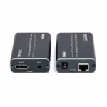 Extender DisplayPort 100 Metros por UTP , Kit extensor DisplayPort profesional Netcom PE-ED0100, mostrando las dos unidades de aluminio color gris oscuro (transmisor y receptor) con sus puertos y cables IR, producto de HD Multimedia PERU SAC.