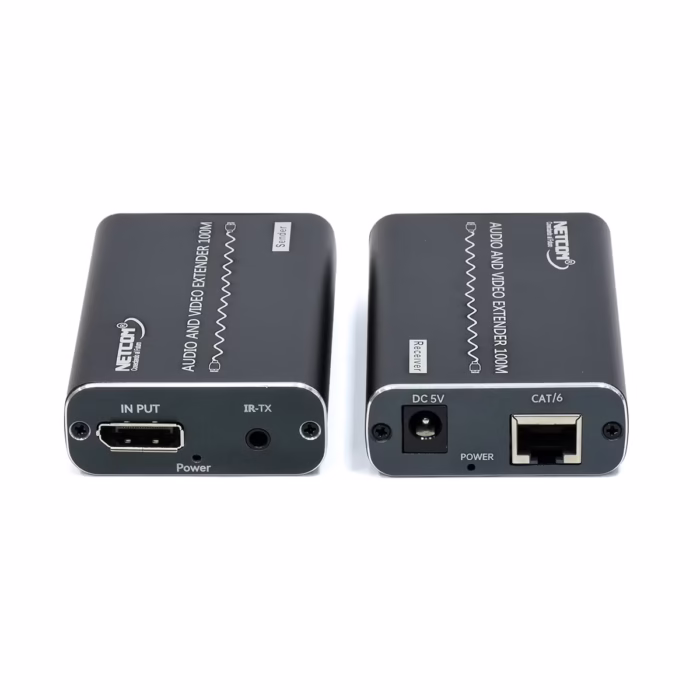 Extender DisplayPort  Metros por UTP  Kit extensor DisplayPort profesional Netcom PE ED mostrando las dos unidades de aluminio color gris oscuro transmisor y receptor con sus puertos y cables IR producto de HD Multimedia PERU SAC