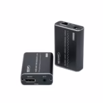 Extender DisplayPort 100 Metros por UTP , Kit extensor DisplayPort profesional Netcom PE-ED0100, mostrando las dos unidades de aluminio color gris oscuro (transmisor y receptor) con sus puertos y cables IR, producto de HD Multimedia PERU SAC.