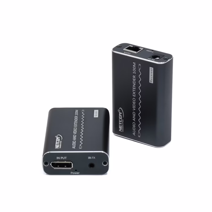 Extender DisplayPort  Metros por UTP  Kit extensor DisplayPort profesional Netcom PE ED mostrando las dos unidades de aluminio color gris oscuro transmisor y receptor con sus puertos y cables IR producto de HD Multimedia PERU SAC