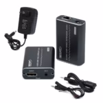 Extender DisplayPort 100 Metros por UTP , Kit extensor DisplayPort profesional Netcom PE-ED0100, mostrando las dos unidades de aluminio color gris oscuro (transmisor y receptor) con sus puertos y cables IR, producto de HD Multimedia PERU SAC.