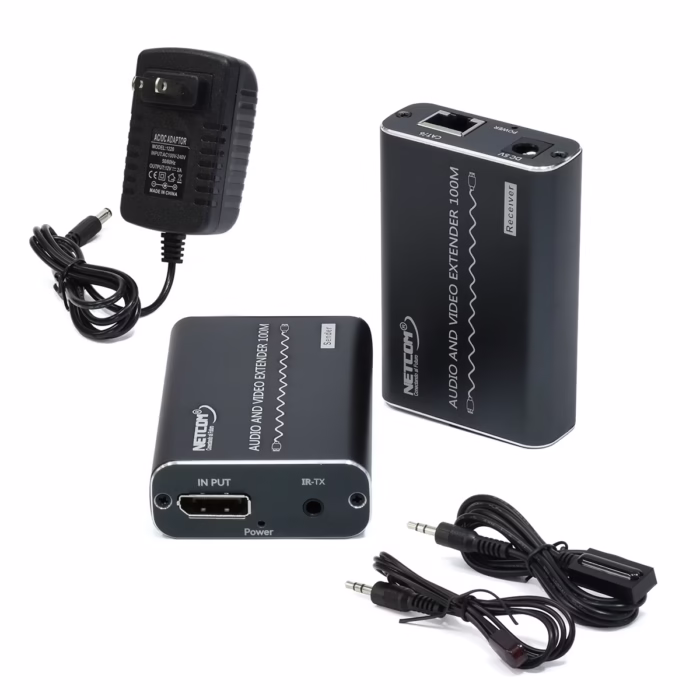 Extender DisplayPort  Metros por UTP  Kit extensor DisplayPort profesional Netcom PE ED mostrando las dos unidades de aluminio color gris oscuro transmisor y receptor con sus puertos y cables IR producto de HD Multimedia PERU SAC