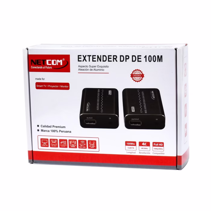 Extender DisplayPort  Metros por UTP  Kit extensor DisplayPort profesional Netcom PE ED mostrando las dos unidades de aluminio color gris oscuro transmisor y receptor con sus puertos y cables IR producto de HD Multimedia PERU SAC