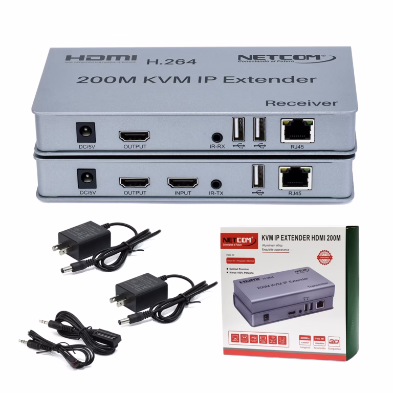 Extensor KVM 200M Over IP HDMI 1080p y USB Netcom PE-EXU200: Controla y Distribuye tu Señal HDMI a 200 Metros, Extender KVM 200 Metros Over IP, Kit extensor KVM HDMI sobre IP Netcom PE-EXU200, mostrando las dos unidades metálicas (transmisor y receptor) con sus múltiples puertos HDMI y USB, un producto profesional de HD Multimedia PERU SAC.