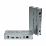 Extensor KVM 200M Over IP HDMI 1080p y USB Netcom PE-EXU200: Controla y Distribuye tu Señal HDMI a 200 Metros, Extender KVM 200 Metros Over IP, Kit extensor KVM HDMI sobre IP Netcom PE-EXU200, mostrando las dos unidades metálicas (transmisor y receptor) con sus múltiples puertos HDMI y USB, un producto profesional de HD Multimedia PERU SAC.