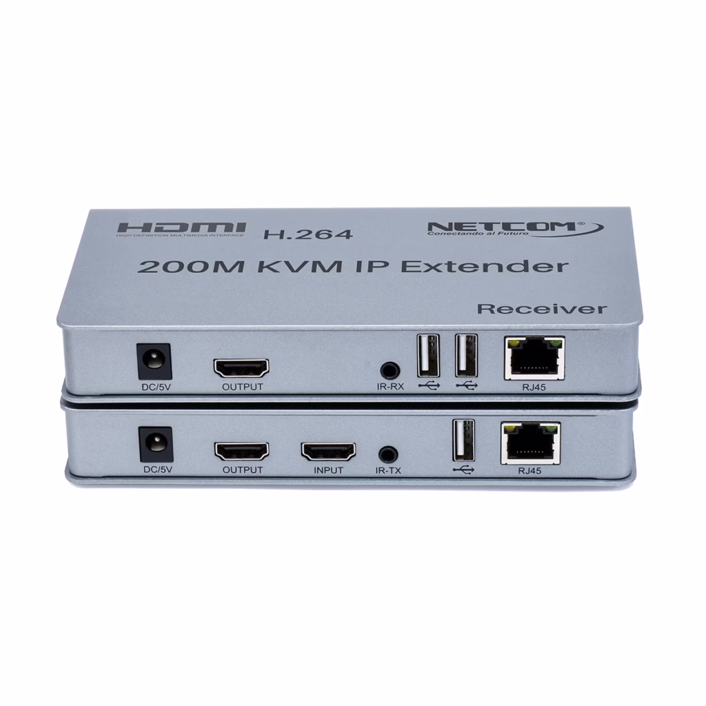Extensor KVM M Over IP HDMI p y USB Netcom PE EXU Controla y Distribuye tu Señal HDMI a  Metros Extender KVM  Metros Over IP Kit extensor KVM HDMI sobre IP Netcom PE EXU mostrando las dos unidades metálicas transmisor y receptor con sus múltiples puertos HDMI y USB un producto profesional de HD Multimedia PERU SAC