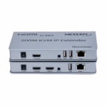 Extensor KVM 200M Over IP HDMI 1080p y USB Netcom PE-EXU200: Controla y Distribuye tu Señal HDMI a 200 Metros, Extender KVM 200 Metros Over IP, Kit extensor KVM HDMI sobre IP Netcom PE-EXU200, mostrando las dos unidades metálicas (transmisor y receptor) con sus múltiples puertos HDMI y USB, un producto profesional de HD Multimedia PERU SAC.