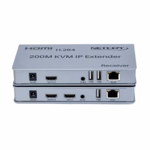 Extensor KVM 200M Over IP HDMI 1080p y USB Netcom PE-EXU200: Controla y Distribuye tu Señal HDMI a 200 Metros, Extender KVM 200 Metros Over IP, Kit extensor KVM HDMI sobre IP Netcom PE-EXU200, mostrando las dos unidades metálicas (transmisor y receptor) con sus múltiples puertos HDMI y USB, un producto profesional de HD Multimedia PERU SAC.