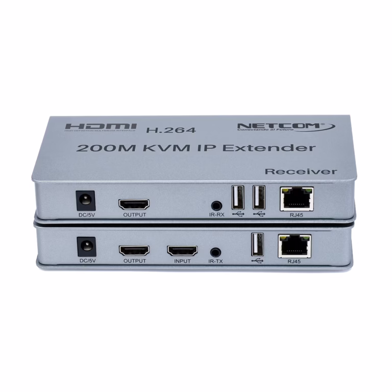 Extensor KVM 200M Over IP HDMI 1080p y USB Netcom PE-EXU200: Controla y Distribuye tu Señal HDMI a 200 Metros, Extender KVM 200 Metros Over IP, Kit extensor KVM HDMI sobre IP Netcom PE-EXU200, mostrando las dos unidades metálicas (transmisor y receptor) con sus múltiples puertos HDMI y USB, un producto profesional de HD Multimedia PERU SAC.
