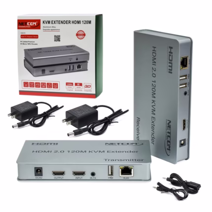 Extensor KVM 120 Metros HDMI 4K y USB Netcom PE-EXU120: Controla tus Equipos a Largas Distancias, Kit extensor KVM HDMI de 120 metros Netcom PE-EXU120, mostrando las dos unidades metálicas (transmisor y receptor) con sus múltiples puertos HDMI y USB, un producto profesional de HD Multimedia PERU SAC., Extender KVM 120M