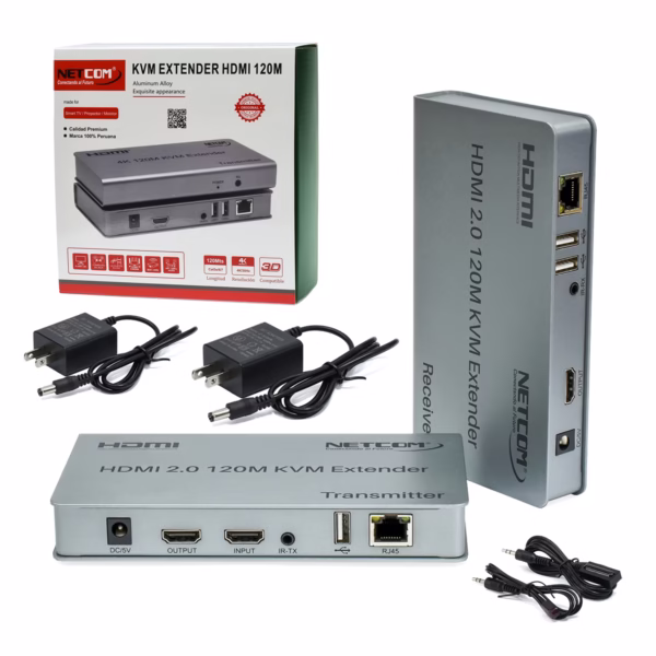 Extensor KVM 120 Metros HDMI 4K y USB Netcom PE-EXU120: Controla tus Equipos a Largas Distancias, Kit extensor KVM HDMI de 120 metros Netcom PE-EXU120, mostrando las dos unidades metálicas (transmisor y receptor) con sus múltiples puertos HDMI y USB, un producto profesional de HD Multimedia PERU SAC., Extender KVM 120M