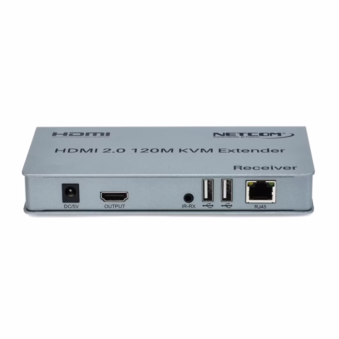 Extensor KVM  Metros HDMI K y USB Netcom PE EXU Controla tus Equipos a Largas Distancias Kit extensor KVM HDMI de  metros Netcom PE EXU mostrando las dos unidades metálicas transmisor y receptor con sus múltiples puertos HDMI y USB un producto profesional de HD Multimedia PERU SAC Extender KVM M