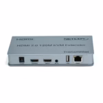 Extensor KVM 120 Metros HDMI 4K y USB Netcom PE-EXU120: Controla tus Equipos a Largas Distancias, Kit extensor KVM HDMI de 120 metros Netcom PE-EXU120, mostrando las dos unidades metálicas (transmisor y receptor) con sus múltiples puertos HDMI y USB, un producto profesional de HD Multimedia PERU SAC., Extender KVM 120M