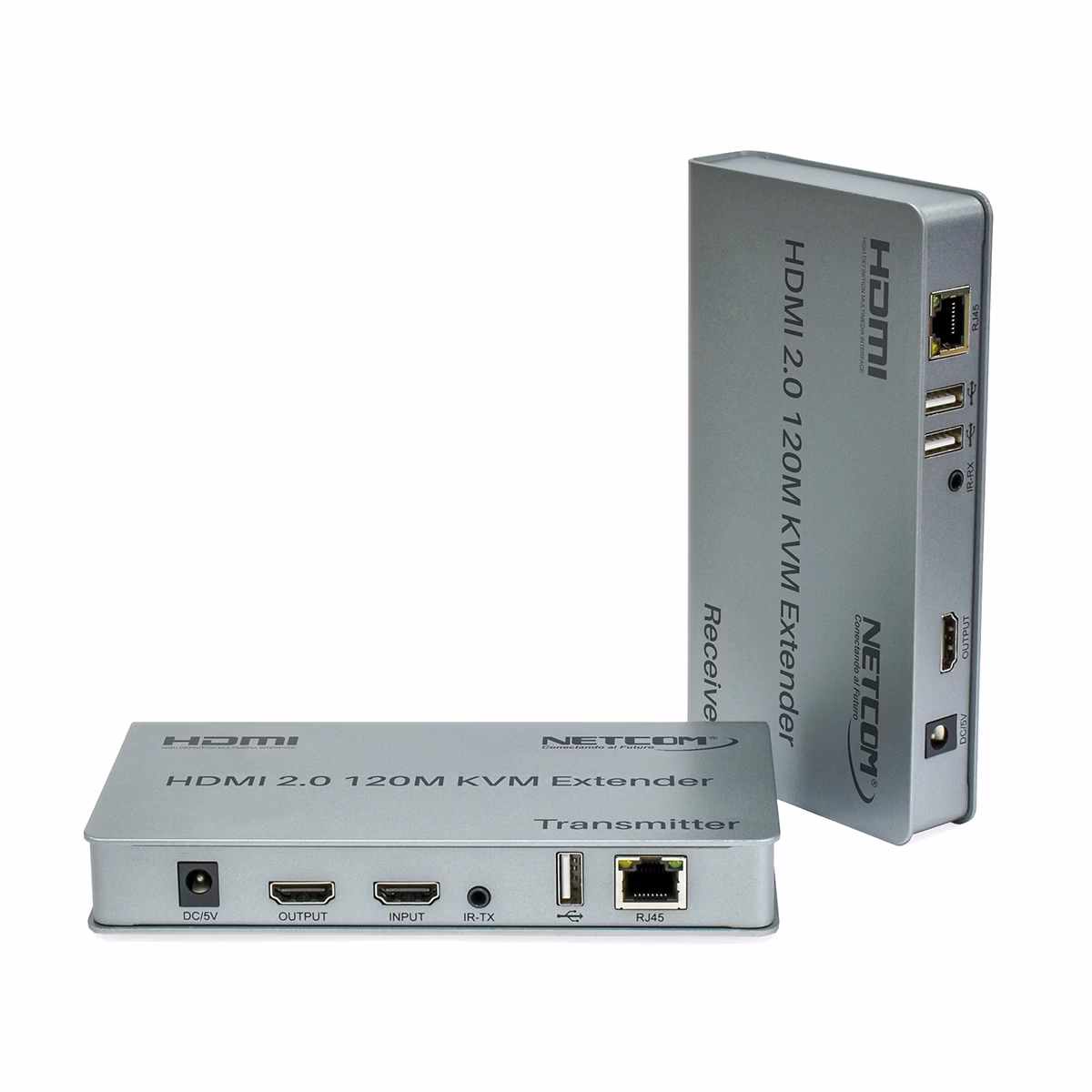 Extensor KVM 120 Metros HDMI 4K y USB Netcom PE-EXU120: Controla tus Equipos a Largas Distancias, Kit extensor KVM HDMI de 120 metros Netcom PE-EXU120, mostrando las dos unidades metálicas (transmisor y receptor) con sus múltiples puertos HDMI y USB, un producto profesional de HD Multimedia PERU SAC., Extender KVM 120M
