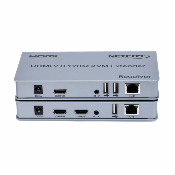 Extensor KVM 120 Metros HDMI 4K y USB Netcom PE-EXU120: Controla tus Equipos a Largas Distancias, Kit extensor KVM HDMI de 120 metros Netcom PE-EXU120, mostrando las dos unidades metálicas (transmisor y receptor) con sus múltiples puertos HDMI y USB, un producto profesional de HD Multimedia PERU SAC., Extender KVM 120M
