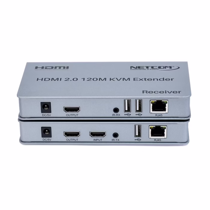 Extensor KVM  Metros HDMI K y USB Netcom PE EXU Controla tus Equipos a Largas Distancias Kit extensor KVM HDMI de  metros Netcom PE EXU mostrando las dos unidades metálicas transmisor y receptor con sus múltiples puertos HDMI y USB un producto profesional de HD Multimedia PERU SAC Extender KVM M