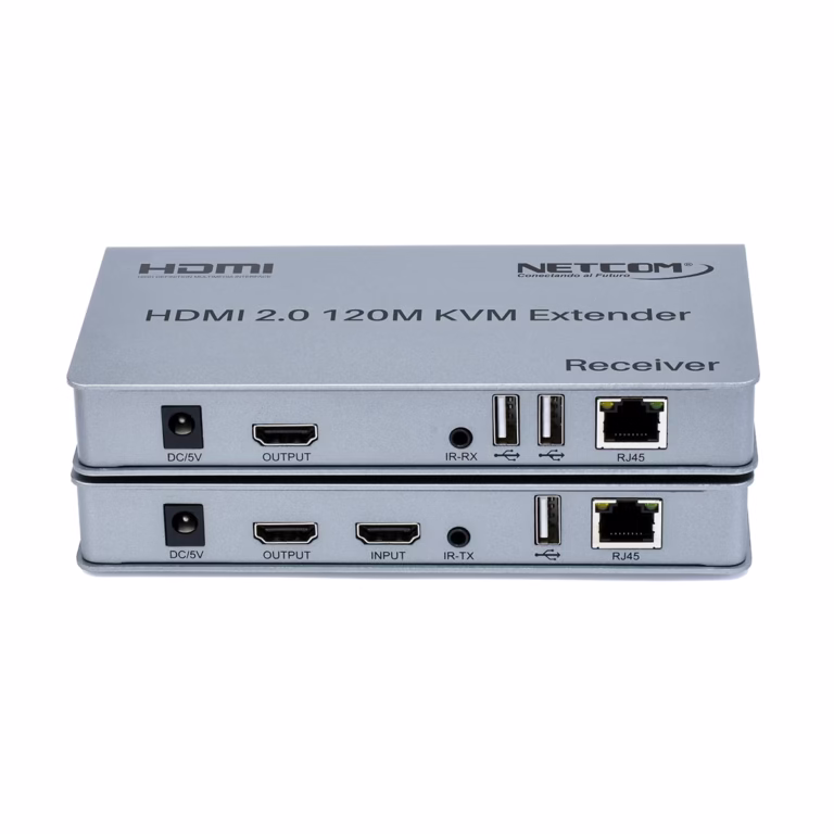 Extensor KVM 120 Metros HDMI 4K y USB Netcom PE-EXU120: Controla tus Equipos a Largas Distancias, Kit extensor KVM HDMI de 120 metros Netcom PE-EXU120, mostrando las dos unidades metálicas (transmisor y receptor) con sus múltiples puertos HDMI y USB, un producto profesional de HD Multimedia PERU SAC., Extender KVM 120M