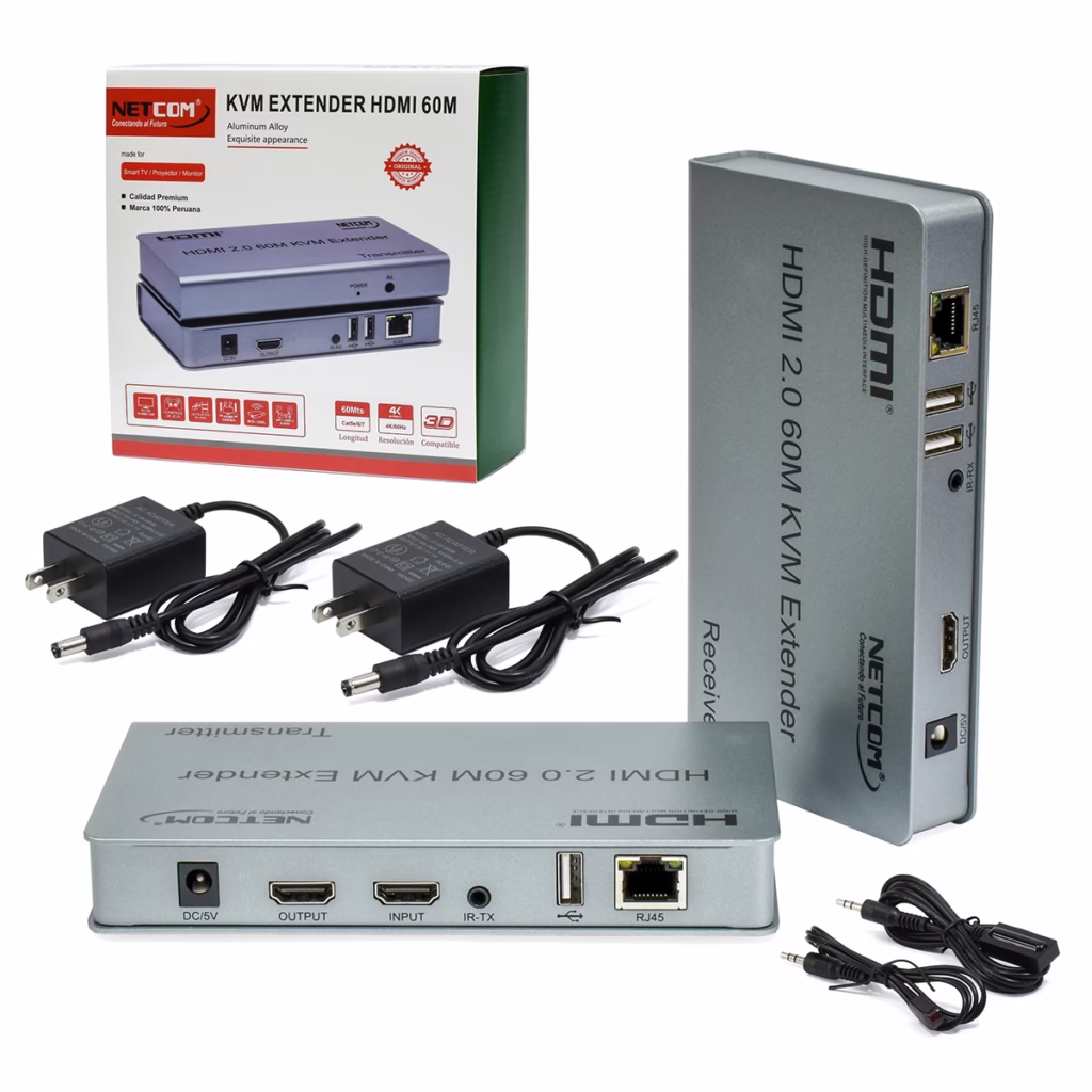 Extensor KVM HDMI con USB de  Metros Netcom PE EXU Controla tu PC o DVR a  Metros de Distancia en KHz Kit extensor KVM HDMI Netcom PE EXU mostrando las dos unidades metálicas transmisor y receptor con sus múltiples puertos HDMI y USB un producto profesional de HD Multimedia PERU SAC