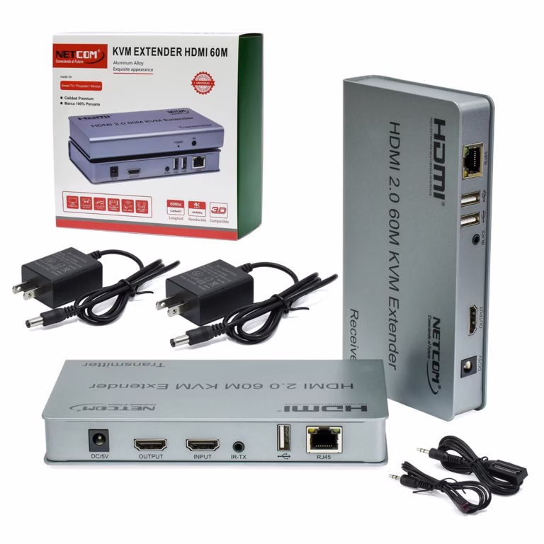 Extensor KVM HDMI con USB de 60 Metros Netcom PE-EXU060: Controla tu PC o DVR a 60 Metros de Distancia en 4K@60Hz, Kit extensor KVM HDMI Netcom PE-EXU060, mostrando las dos unidades metálicas (transmisor y receptor) con sus múltiples puertos HDMI y USB, un producto profesional de HD Multimedia PERU SAC.