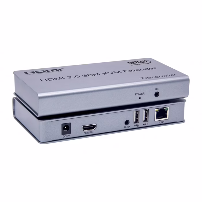 Extensor KVM HDMI con USB de  Metros Netcom PE EXU Controla tu PC o DVR a  Metros de Distancia en KHz Kit extensor KVM HDMI Netcom PE EXU mostrando las dos unidades metálicas transmisor y receptor con sus múltiples puertos HDMI y USB un producto profesional de HD Multimedia PERU SAC