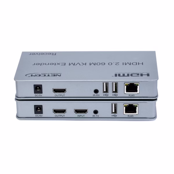 Extensor KVM HDMI con USB de 60 Metros Netcom PE-EXU060: Controla tu PC o DVR a 60 Metros de Distancia en 4K@60Hz, Kit extensor KVM HDMI Netcom PE-EXU060, mostrando las dos unidades metálicas (transmisor y receptor) con sus múltiples puertos HDMI y USB, un producto profesional de HD Multimedia PERU SAC.
